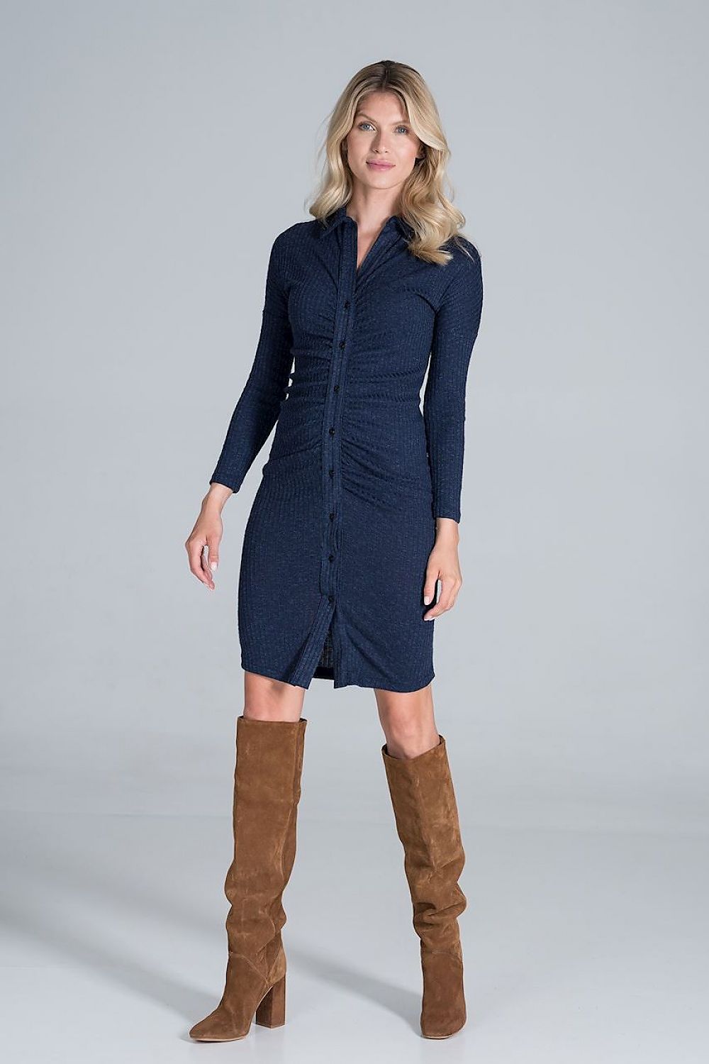 Midi Kleid Damen Rippenstrick Kragen geknöpft – elegant & fließend
