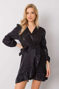 Abendkleid Damen schwarz Rüsche Bindegürtel langarm midi