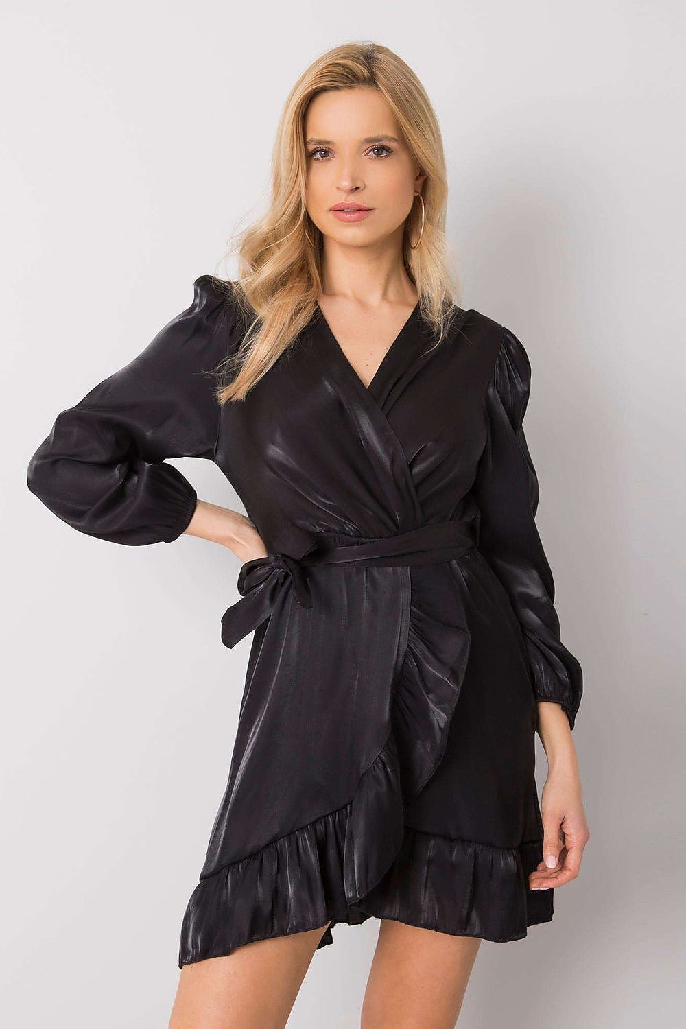 Abendkleid Damen schwarz Rüsche Bindegürtel langarm midi