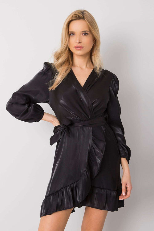 Abendkleid Damen schwarz Rüsche Bindegürtel langarm midi