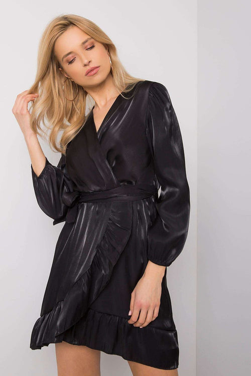 Abendkleid Damen schwarz Rüsche Bindegürtel langarm midi