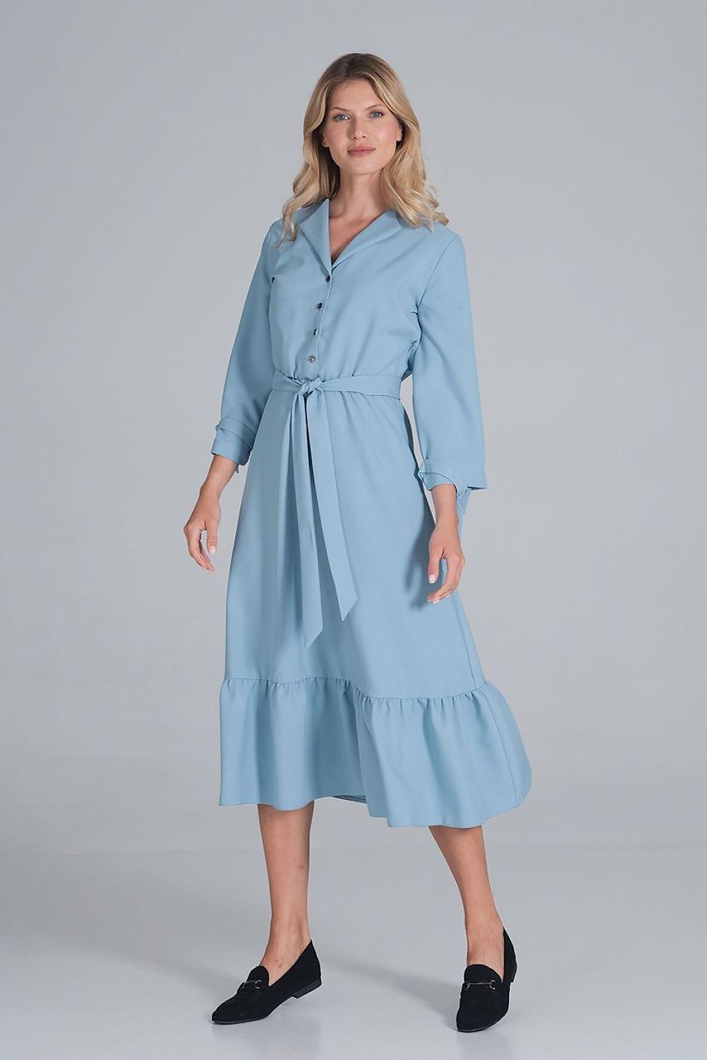 Maxi Kleid Damen Rüsche Gummizug Taille 7/8-Arm – elegant & feminin