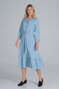 Maxi Kleid Damen Rüsche Gummizug Taille 7/8-Arm – elegant & feminin