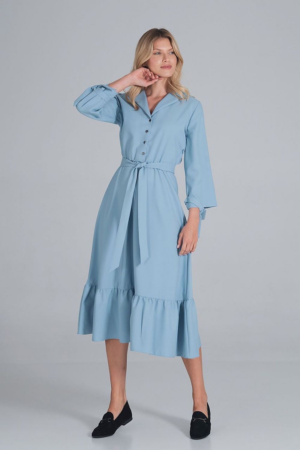 Maxi Kleid Damen Rüsche Gummizug Taille 7/8-Arm – elegant & feminin
