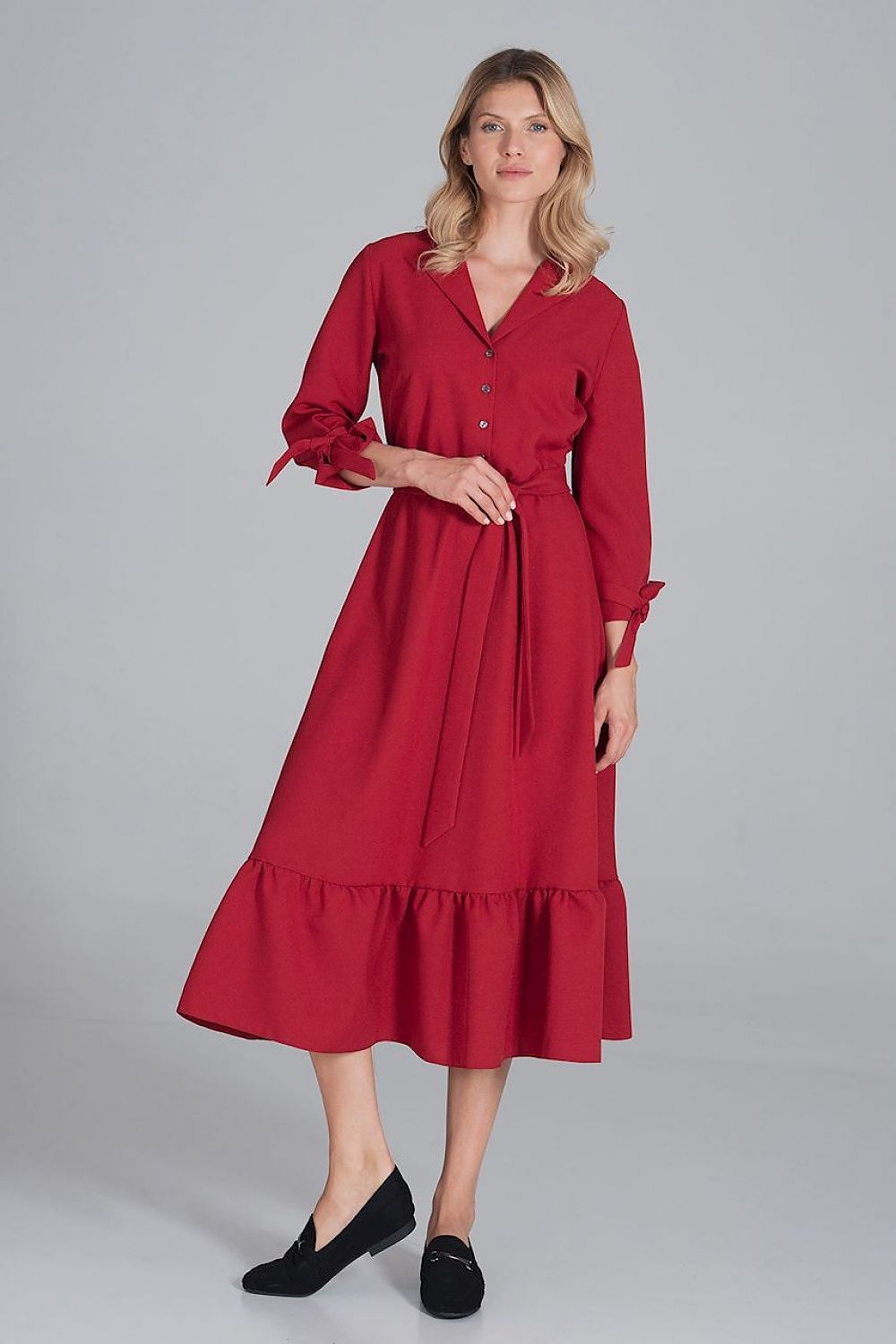 Maxi Kleid Damen Rüsche Gummizug Taille 7/8-Arm – elegant & feminin