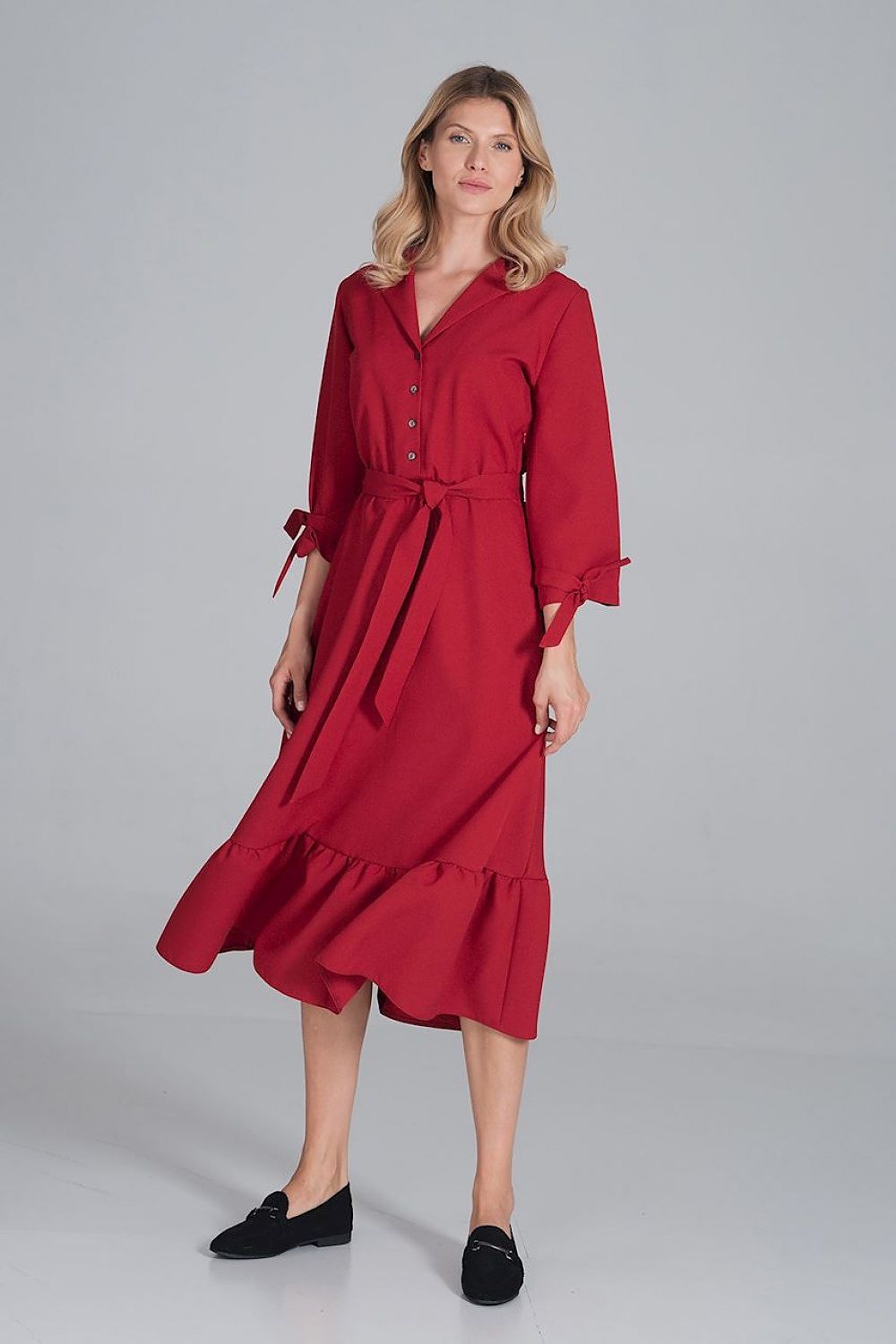 Maxi Kleid Damen Rüsche Gummizug Taille 7/8-Arm – elegant & feminin
