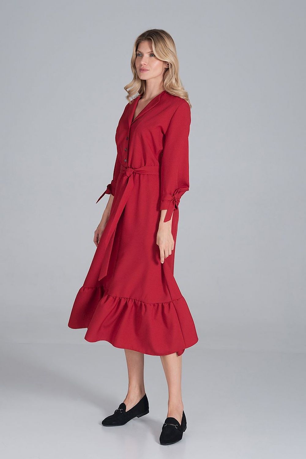 Maxi Kleid Damen Rüsche Gummizug Taille 7/8-Arm – elegant & feminin