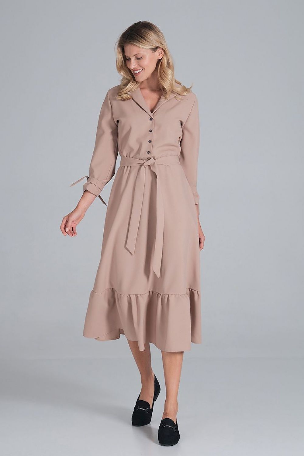 Maxi Kleid Damen Rüsche Gummizug Taille 7/8-Arm – elegant & feminin