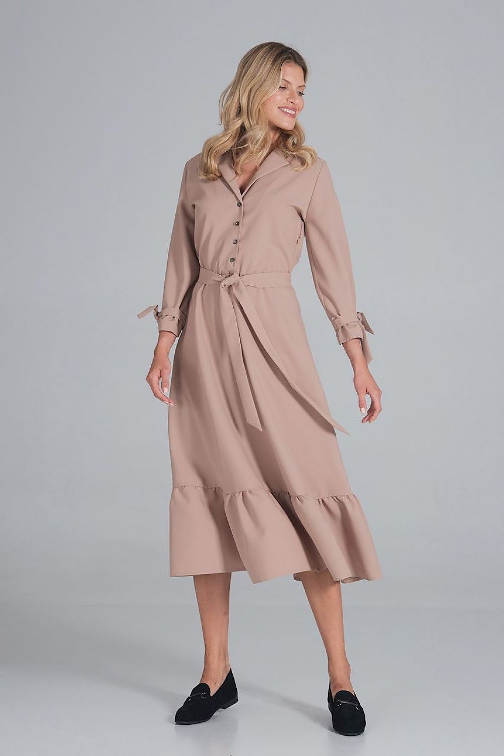 Maxi Kleid Damen Rüsche Gummizug Taille 7/8-Arm – elegant & feminin