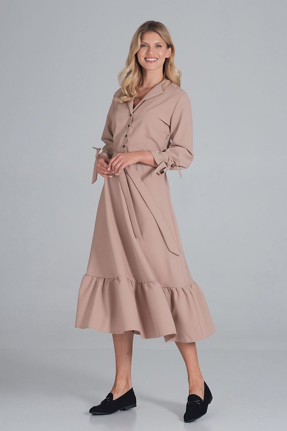 Maxi Kleid Damen Rüsche Gummizug Taille 7/8-Arm – elegant & feminin
