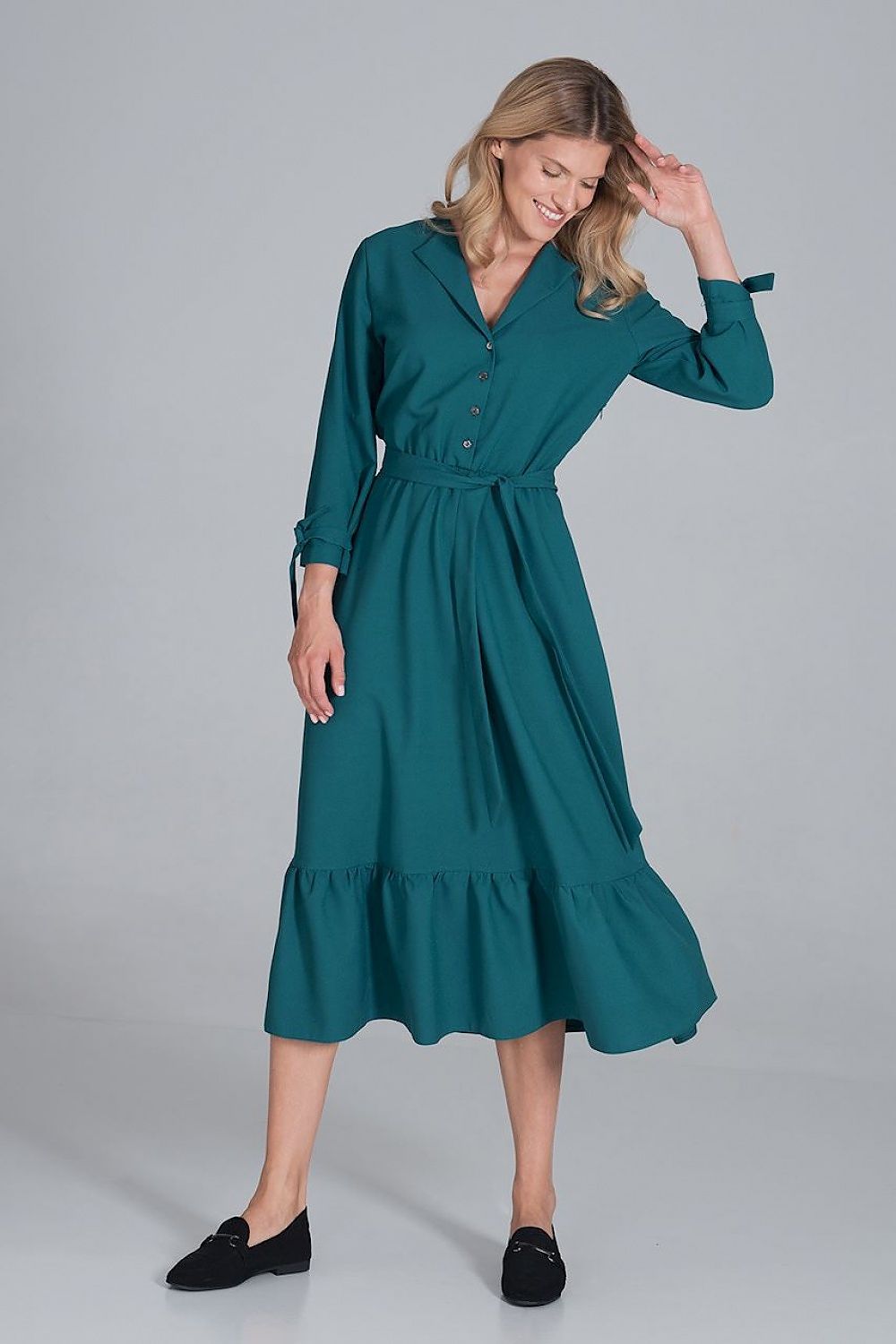 Maxi Kleid Damen Rüsche Gummizug Taille 7/8-Arm – elegant & feminin