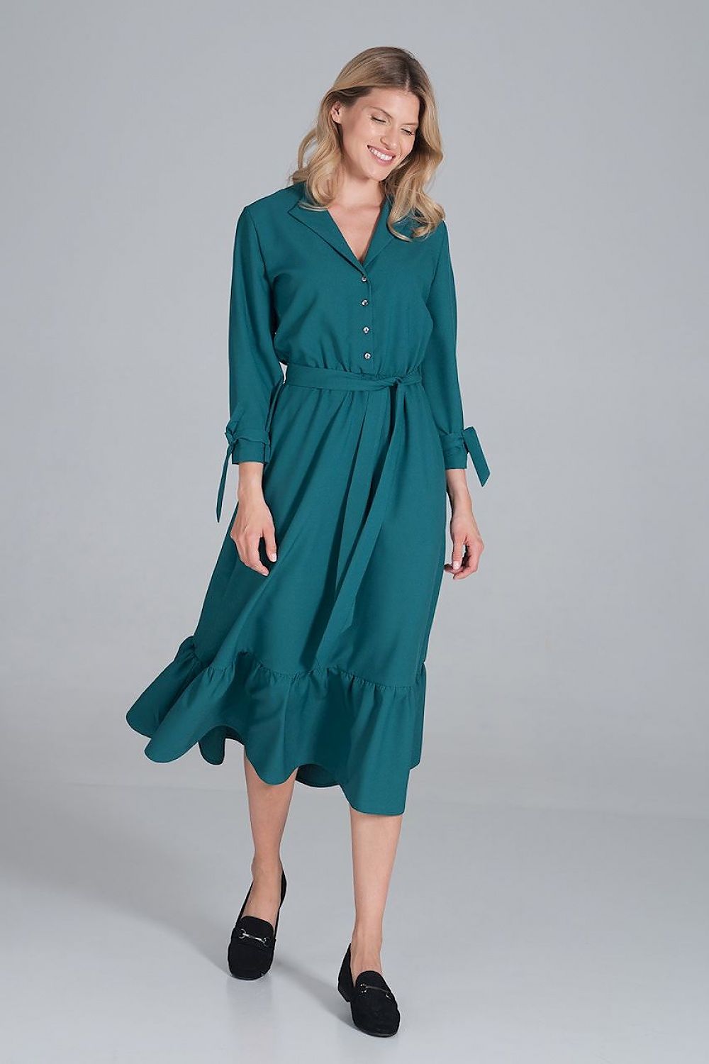 Maxi Kleid Damen Rüsche Gummizug Taille 7/8-Arm – elegant & feminin