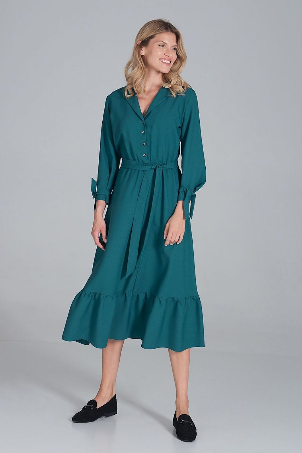 Maxi Kleid Damen Rüsche Gummizug Taille 7/8-Arm – elegant & feminin