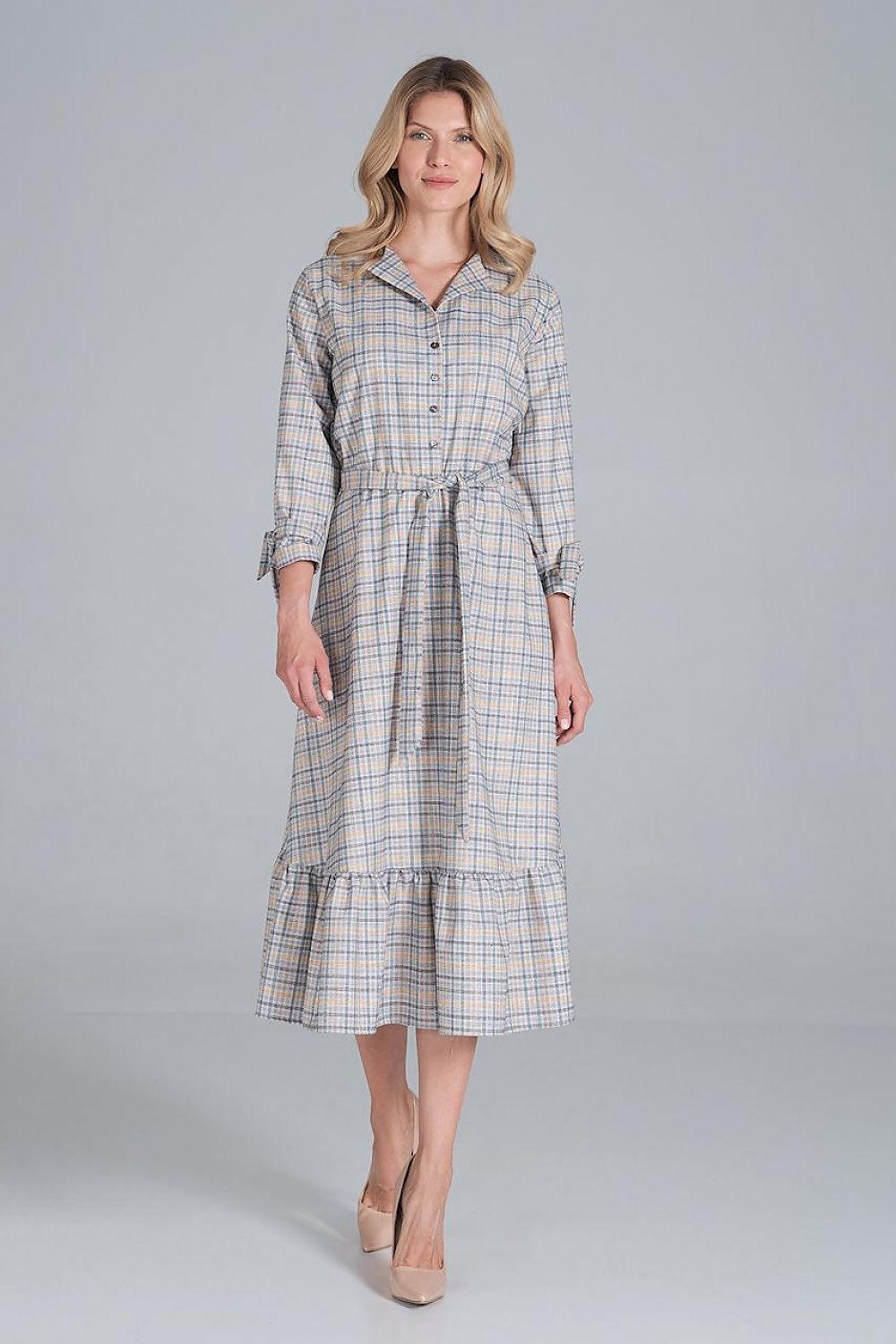 Maxi Kleid Damen Rüsche Gummizug Taille 7/8-Arm – elegant & feminin