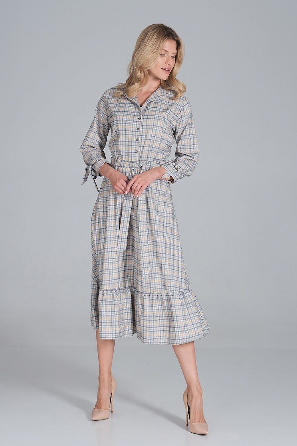 Maxi Kleid Damen Rüsche Gummizug Taille 7/8-Arm – elegant & feminin