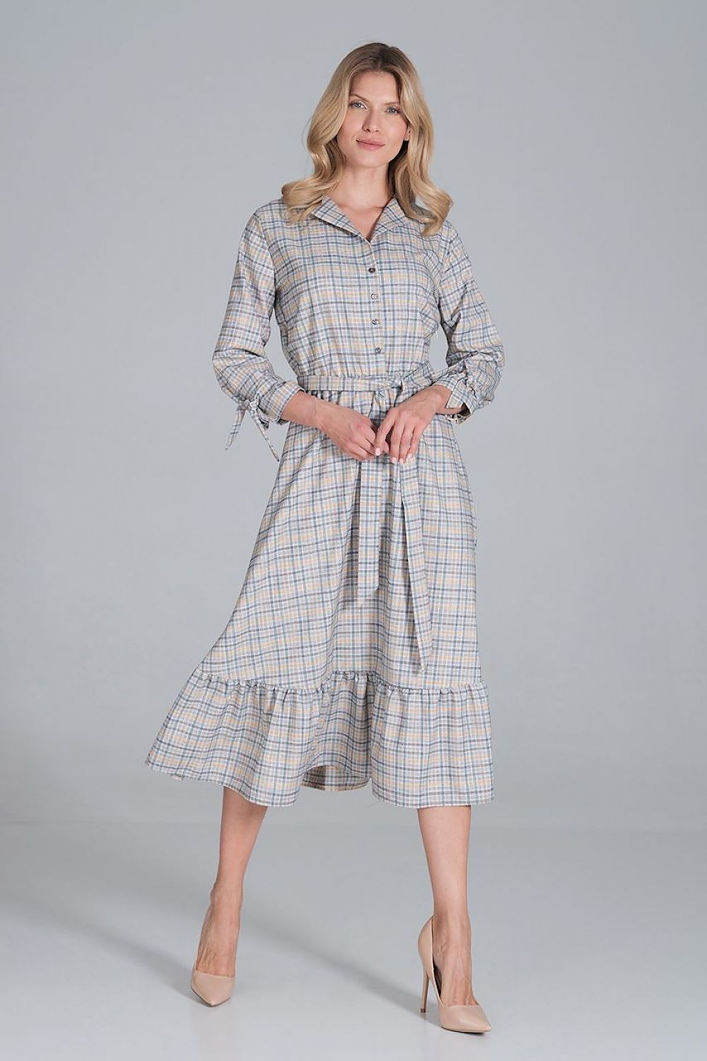 Maxi Kleid Damen Rüsche Gummizug Taille 7/8-Arm – elegant & feminin