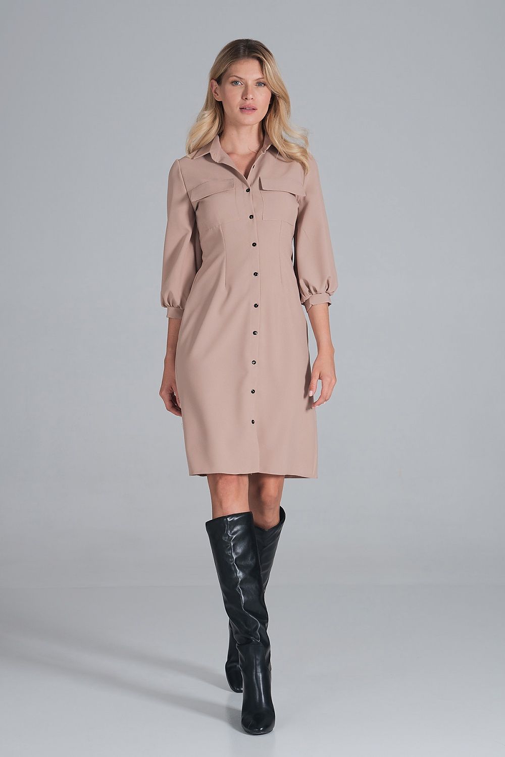 Hemdkleid Damen Midi Kragen Knopfleiste 3/4-Arm Brusttaschen – elegant & klassisch