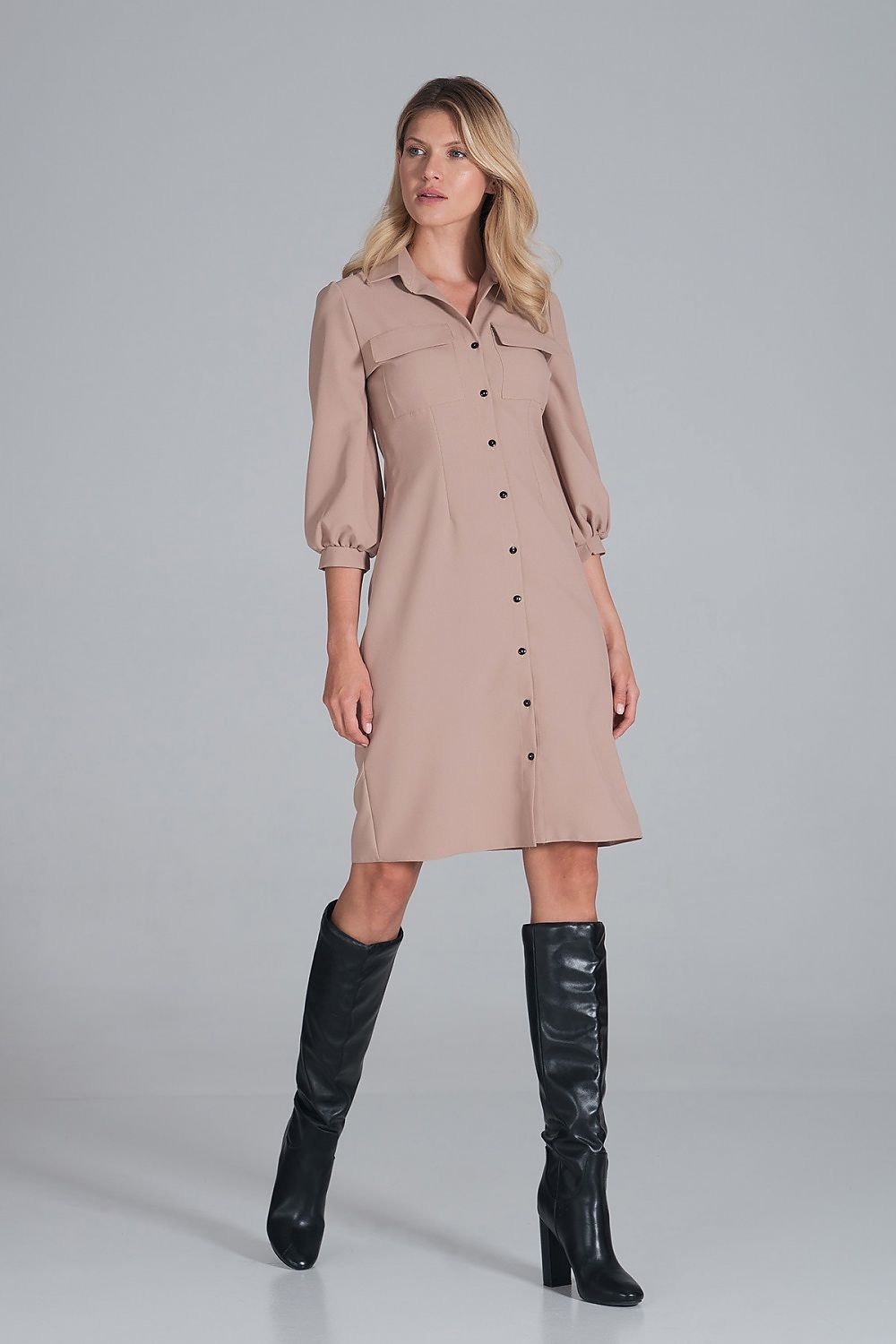 Hemdkleid Damen Midi Kragen Knopfleiste 3/4-Arm Brusttaschen – elegant & klassisch