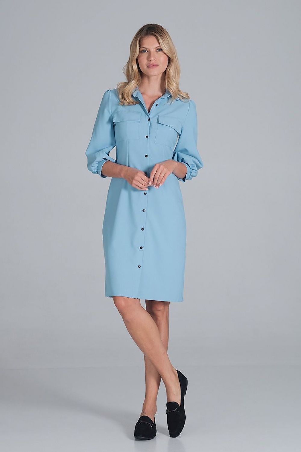 Hemdkleid Damen Midi Kragen Knopfleiste 3/4-Arm Brusttaschen – elegant & klassisch