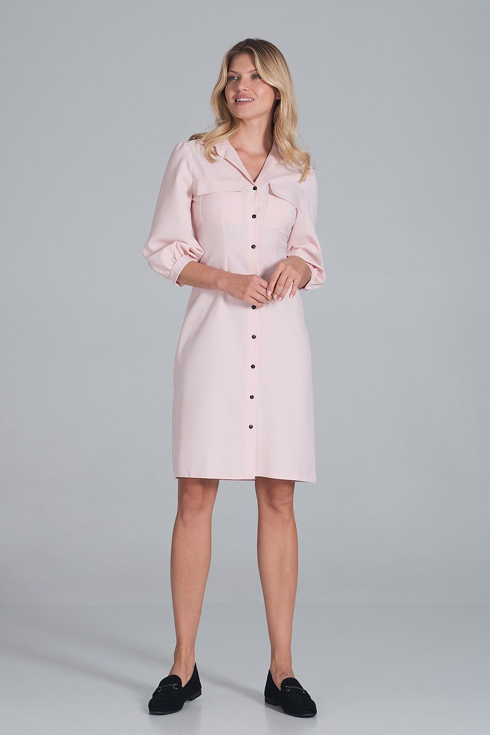 Hemdkleid Damen Midi Kragen Knopfleiste 3/4-Arm Brusttaschen – elegant & klassisch
