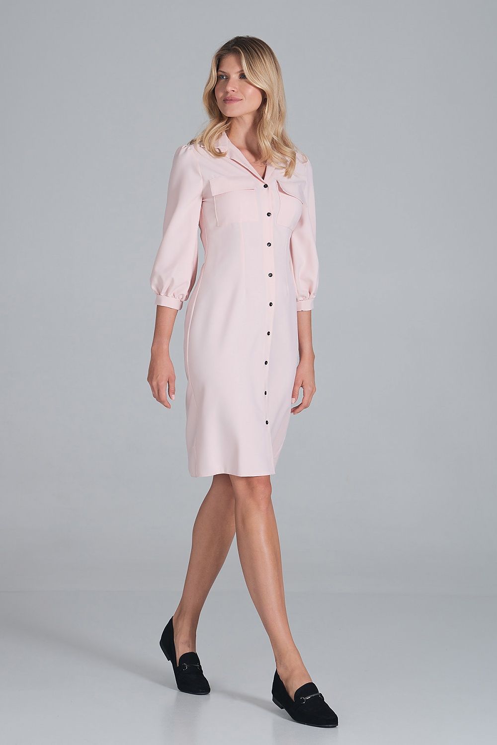 Hemdkleid Damen Midi Kragen Knopfleiste 3/4-Arm Brusttaschen – elegant & klassisch