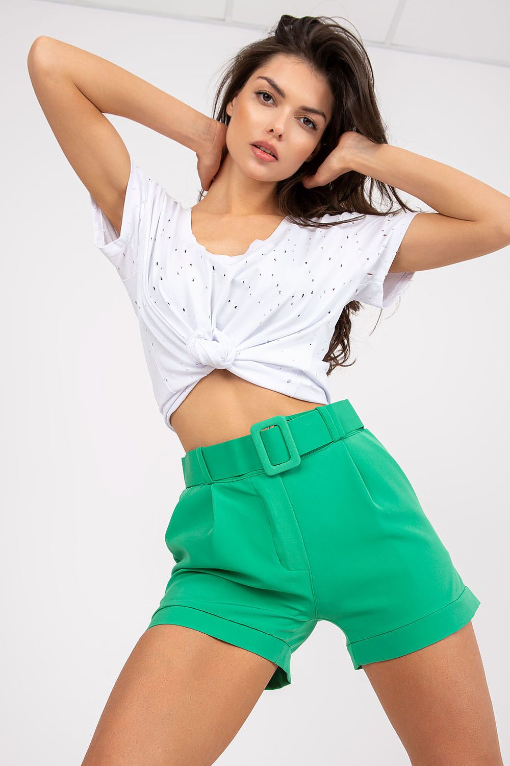 Shorts Damen elegant Reißverschluss Knopfleiste Gürtel