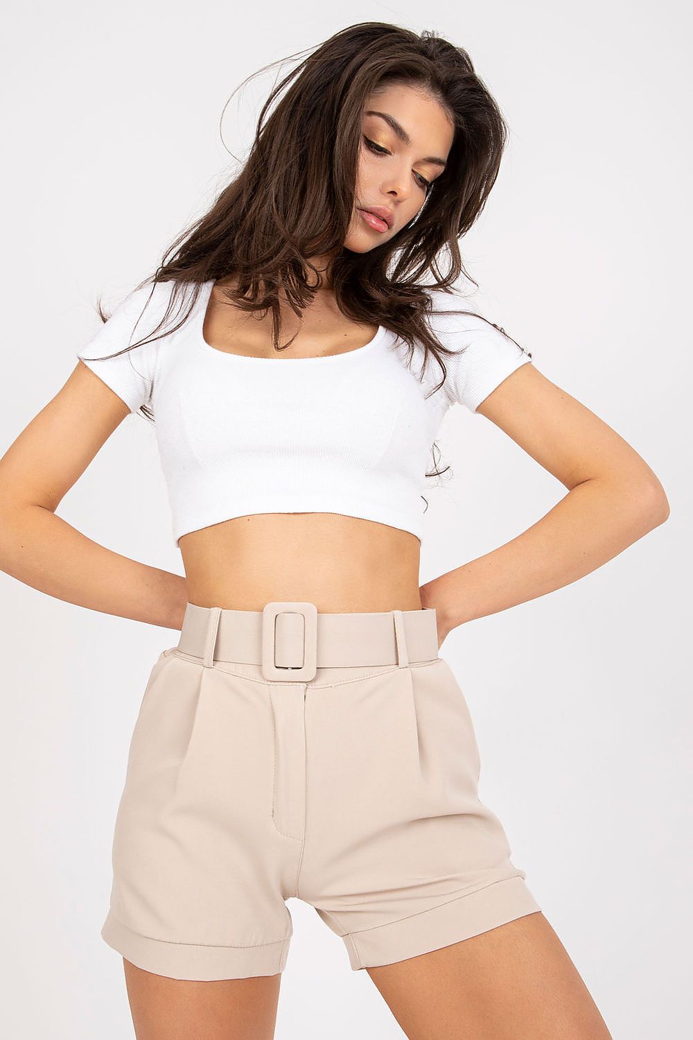 Shorts Damen elegant Reißverschluss Knopfleiste Gürtel