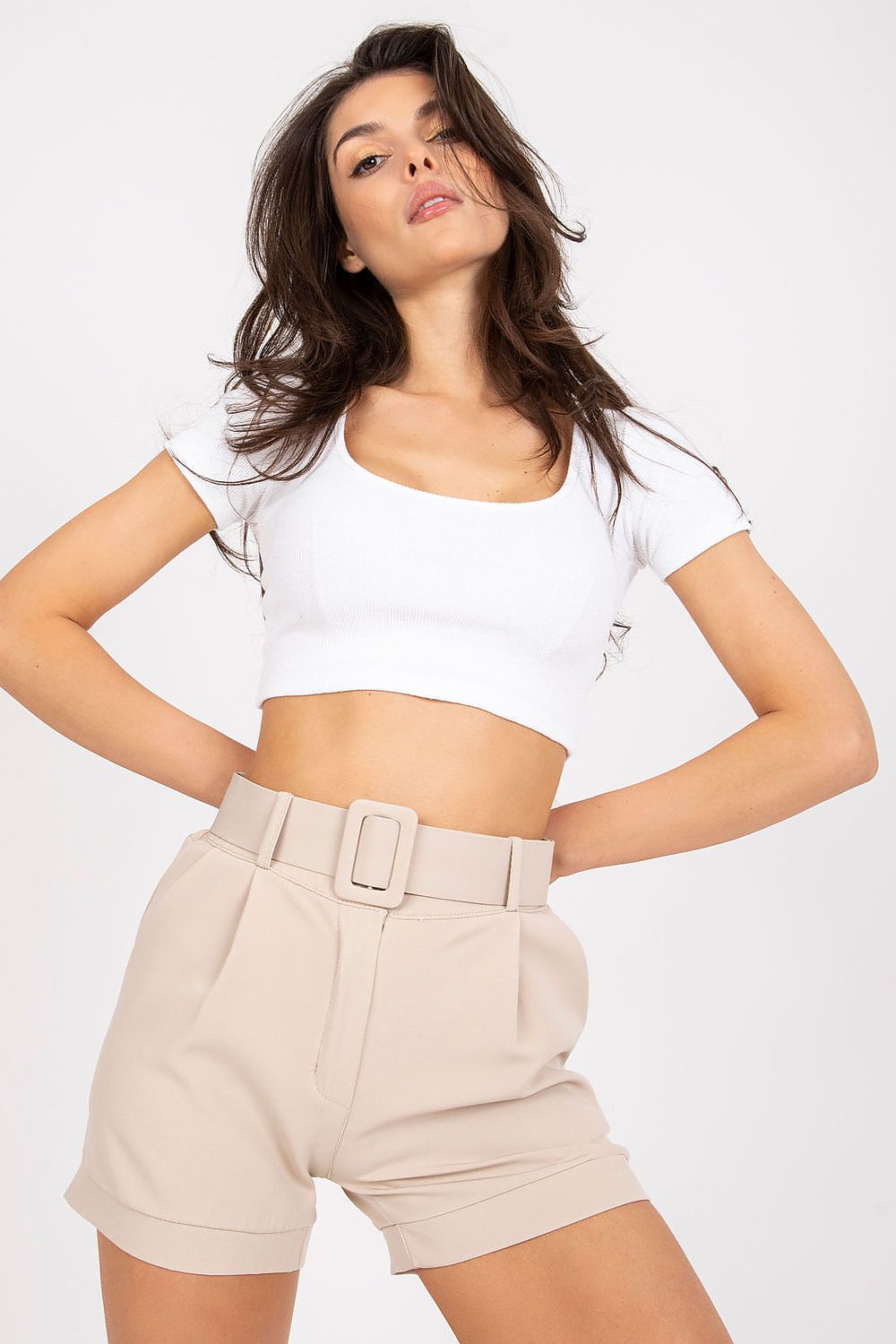 Shorts Damen elegant Reißverschluss Knopfleiste Gürtel