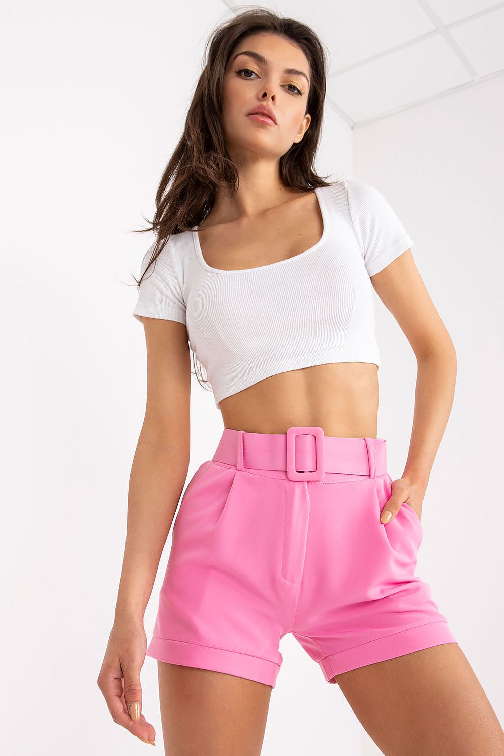 Shorts Damen elegant Reißverschluss Knopfleiste Gürtel