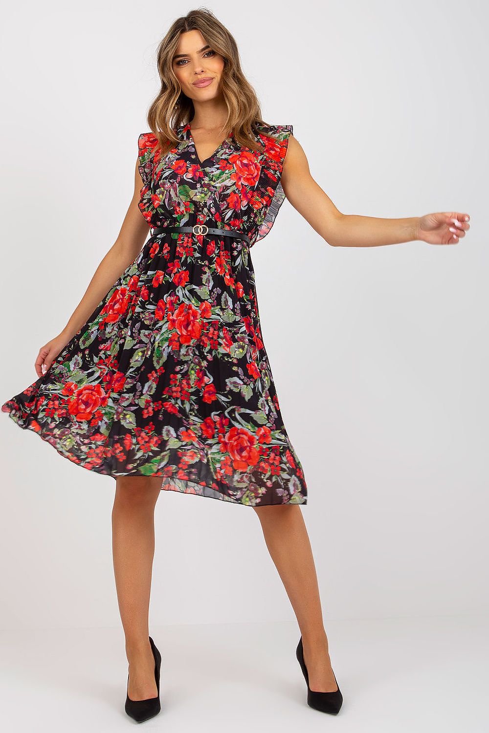 Sommerkleid Damen plissiert Rüsche Herzausschnitt ausgestellt