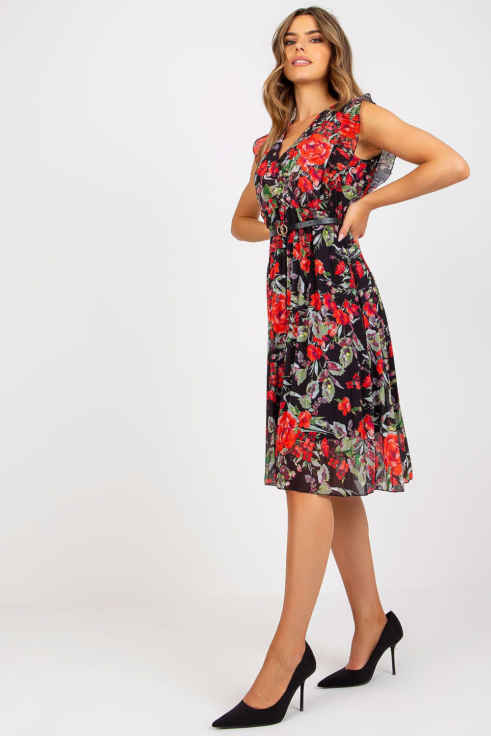 Sommerkleid Damen plissiert Rüsche Herzausschnitt ausgestellt