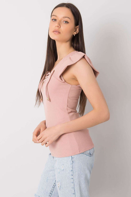 Bluse Damen Kurzarm Rüsche gerippter Stoff Käseausschnitt