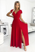 Maxikleid Damen Glitzer Umschlagausschnitt Beinschlitz Elegant