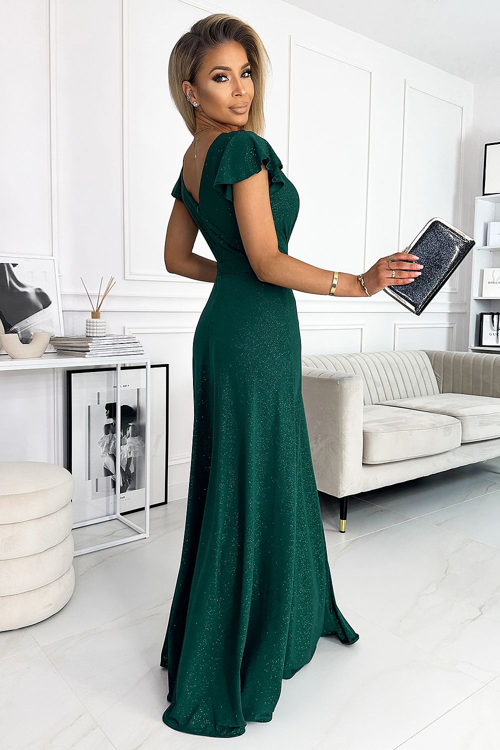 Maxikleid Damen Glitzer Umschlagausschnitt Beinschlitz Elegant