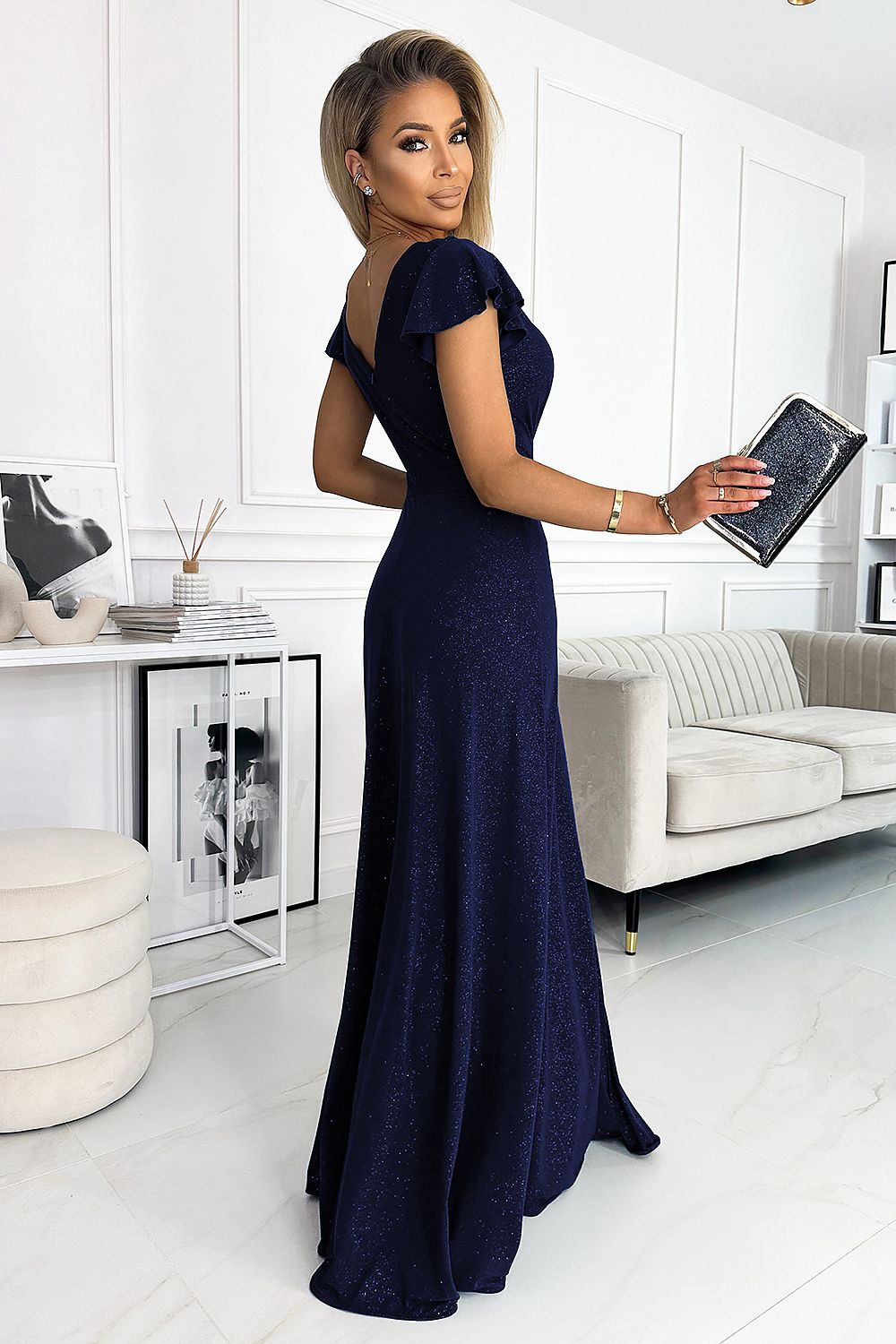 Maxikleid Damen Glitzer Umschlagausschnitt Beinschlitz Elegant
