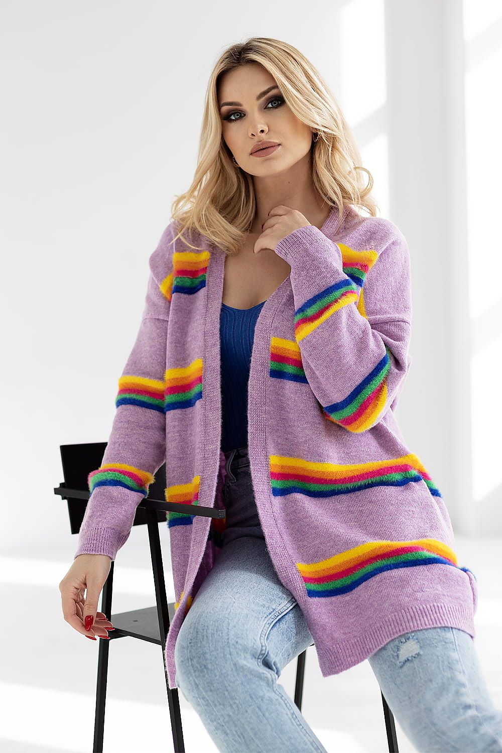 Strickjacke Damen Bunte Streifen Lang & Offen