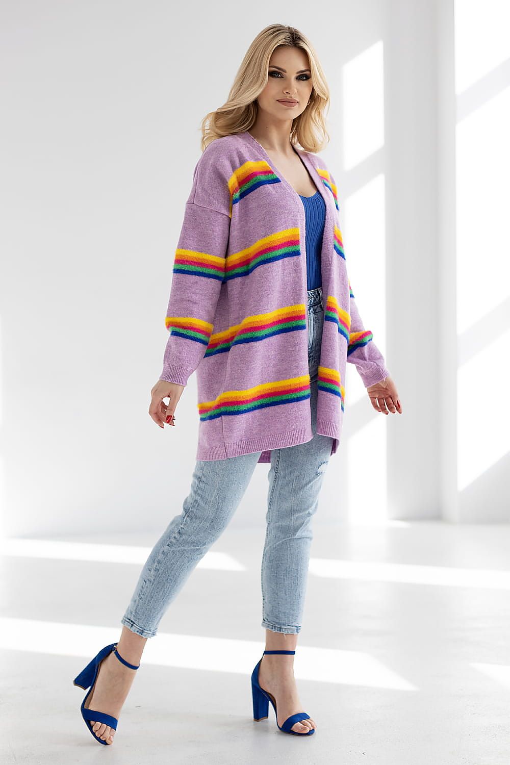 Strickjacke Damen Bunte Streifen Lang & Offen