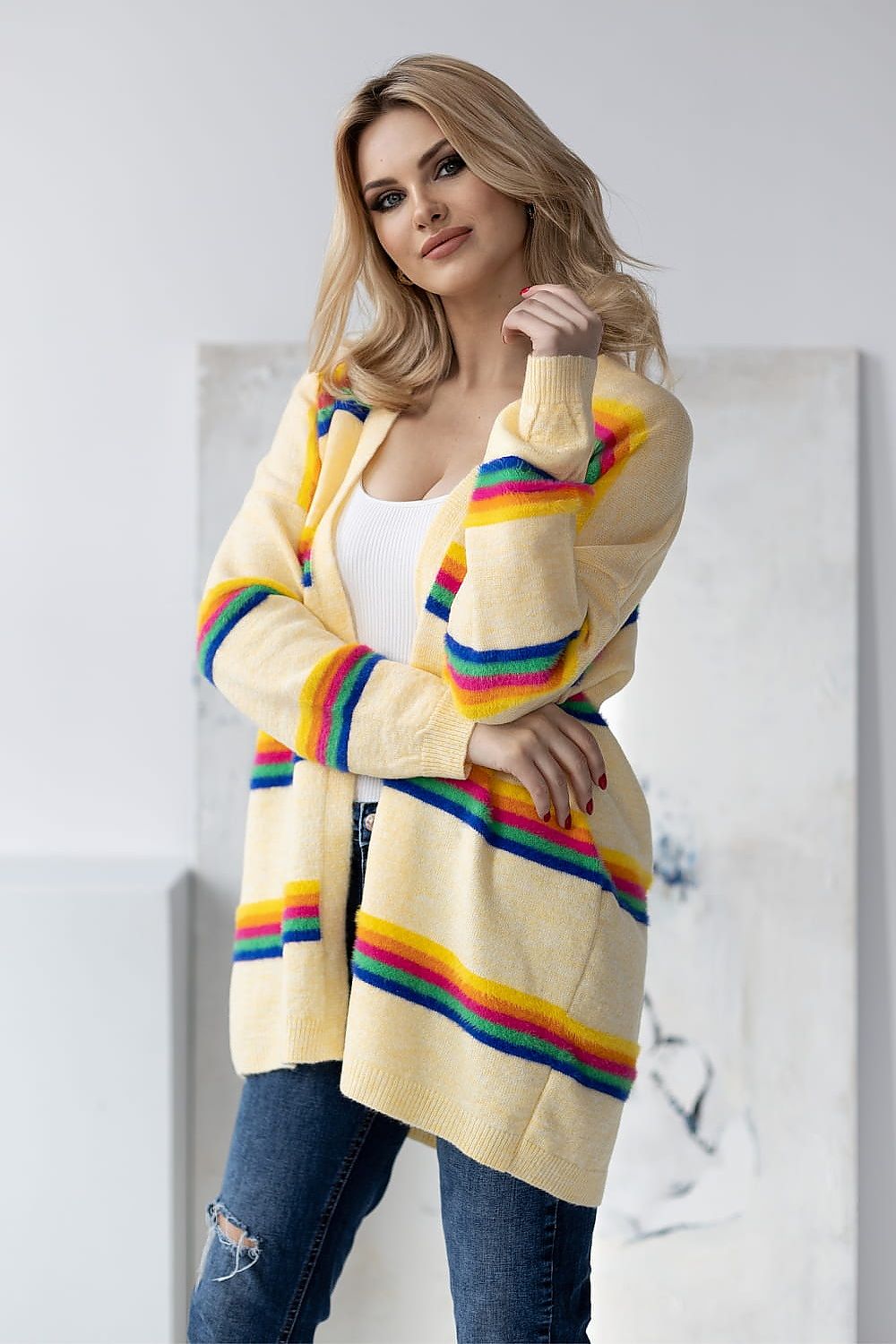 Strickjacke Damen Bunte Streifen Lang & Offen