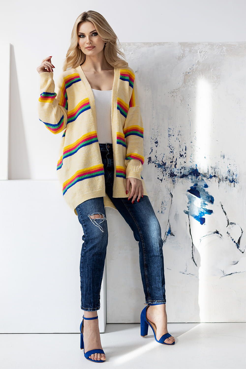 Strickjacke Damen Bunte Streifen Lang & Offen