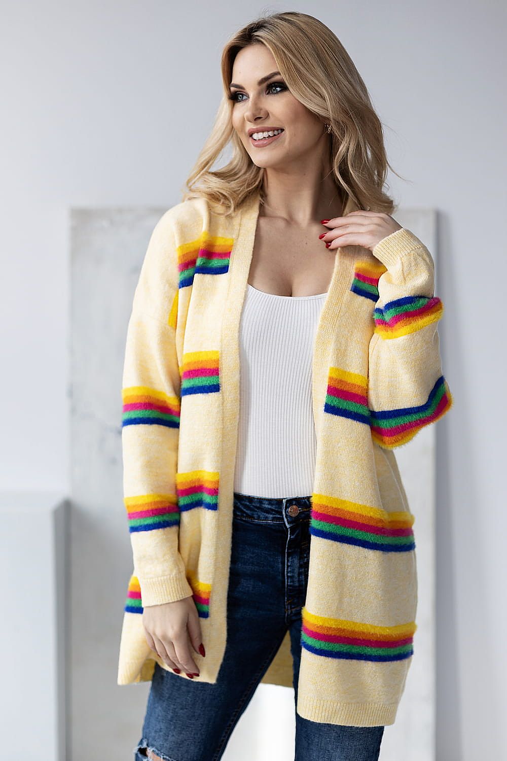 Strickjacke Damen Bunte Streifen Lang & Offen
