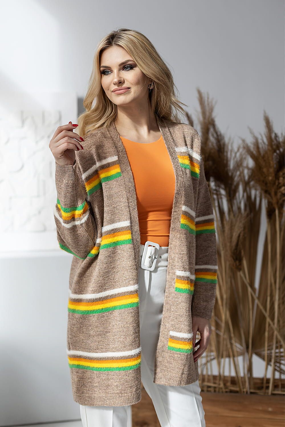 Strickjacke Damen Bunte Streifen Lang & Offen