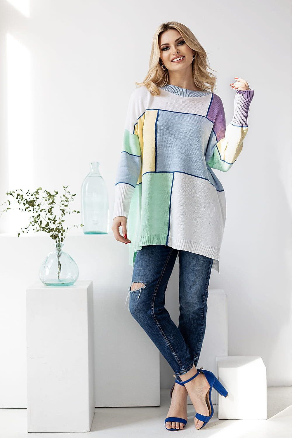 Pullover Damen Colorblock Oversize Baumwolle & Weich