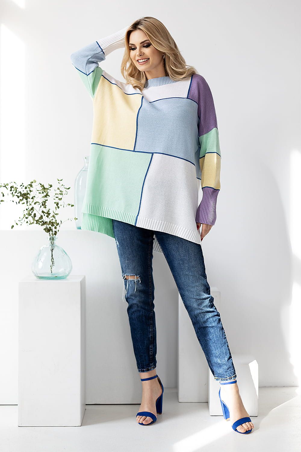 Pullover Damen Colorblock Oversize Baumwolle & Weich