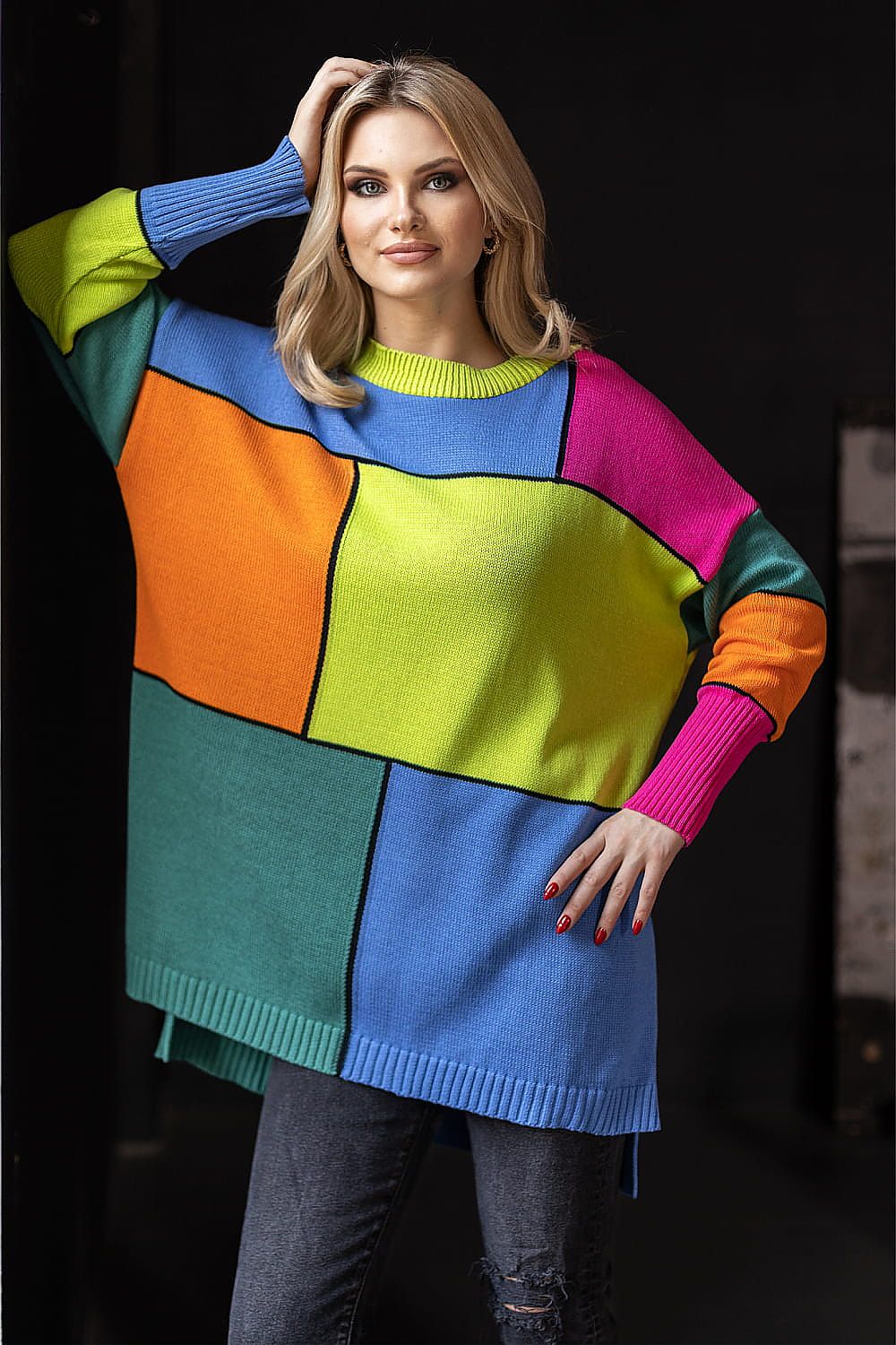 Pullover Damen Colorblock Oversize Baumwolle & Weich