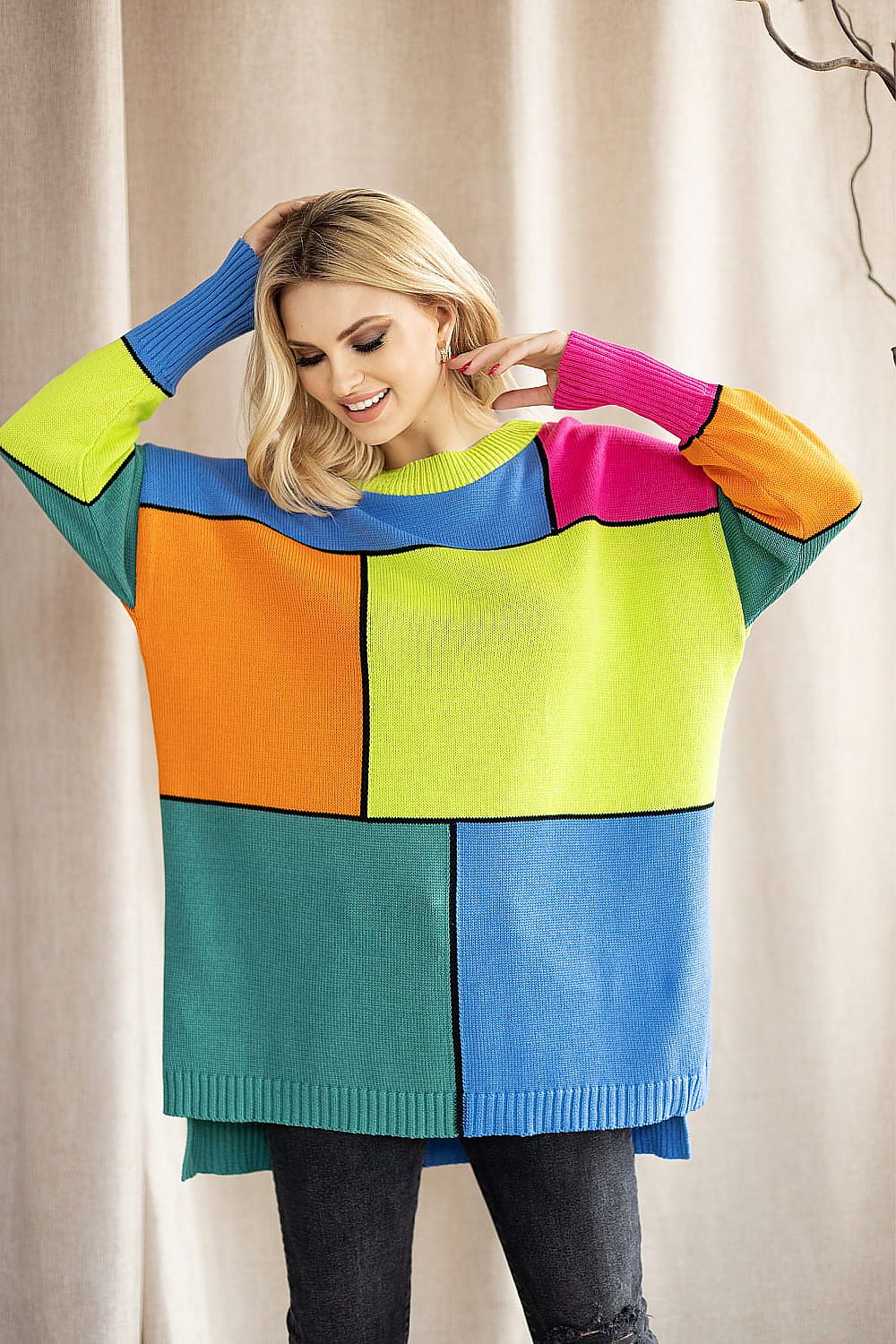 Pullover Damen Colorblock Oversize Baumwolle & Weich