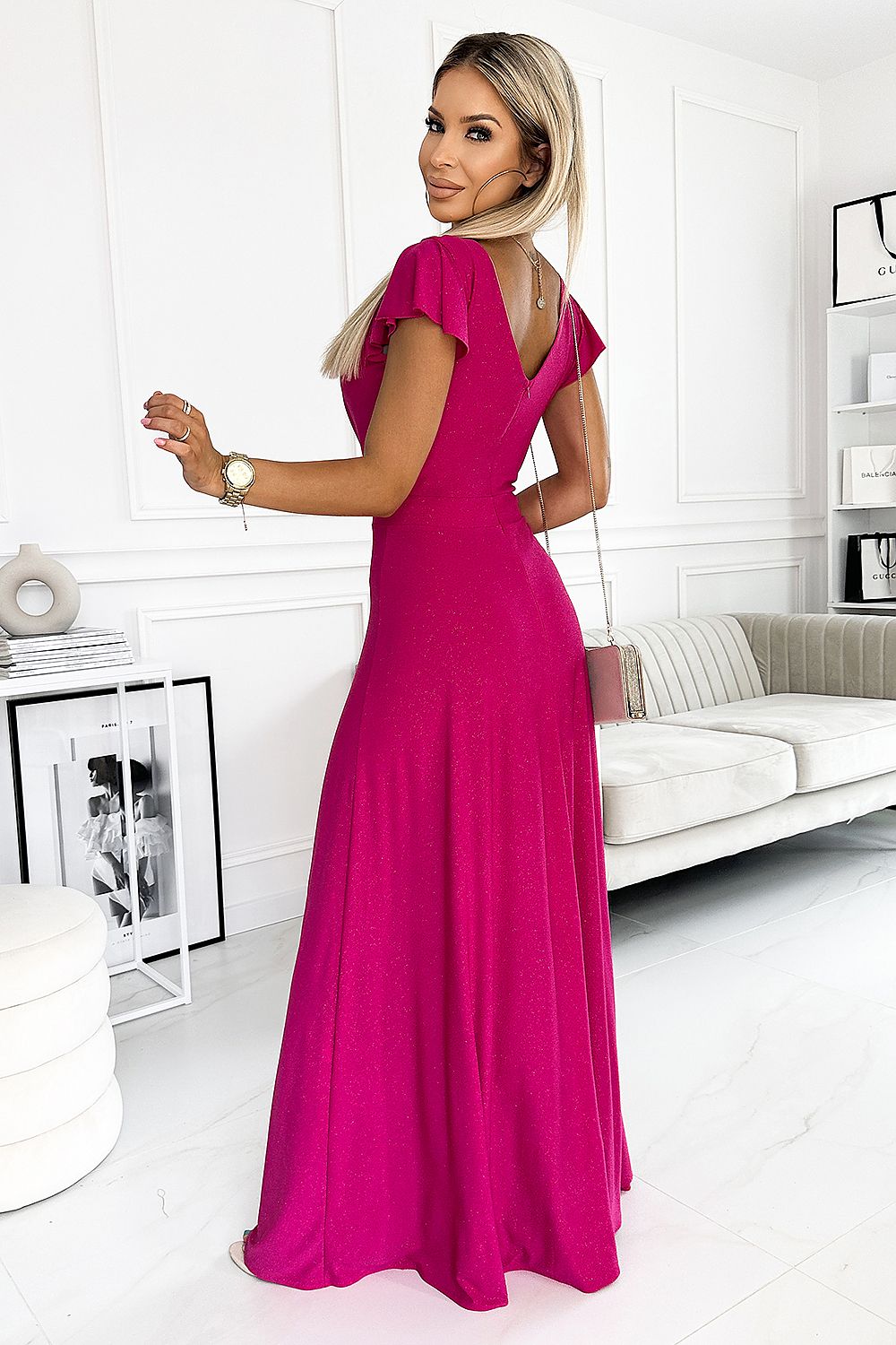 Maxikleid Damen Glitzer Umschlagausschnitt Beinschlitz Elegant