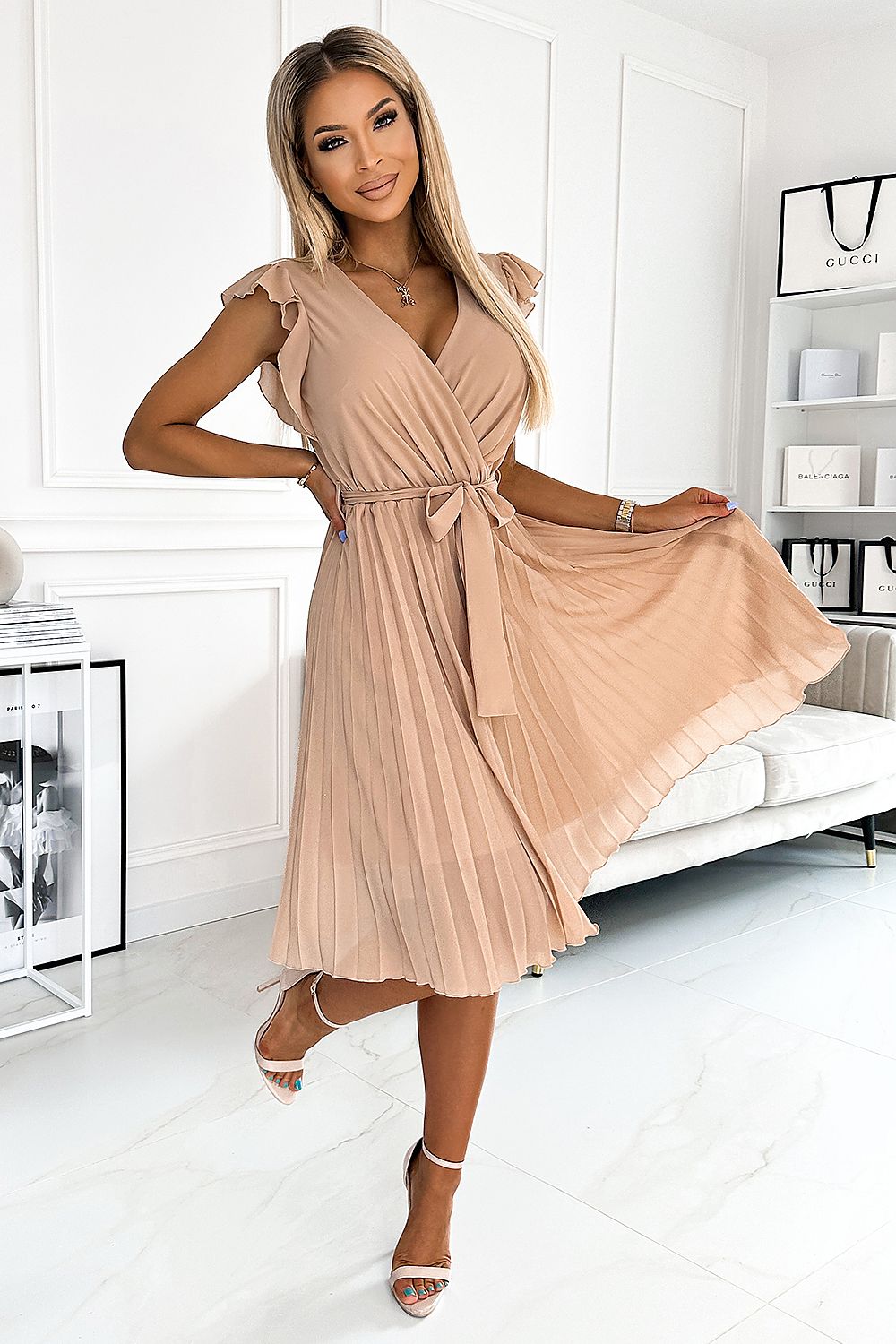 Chiffonkleid Damen Rüschen Schulter Elegant