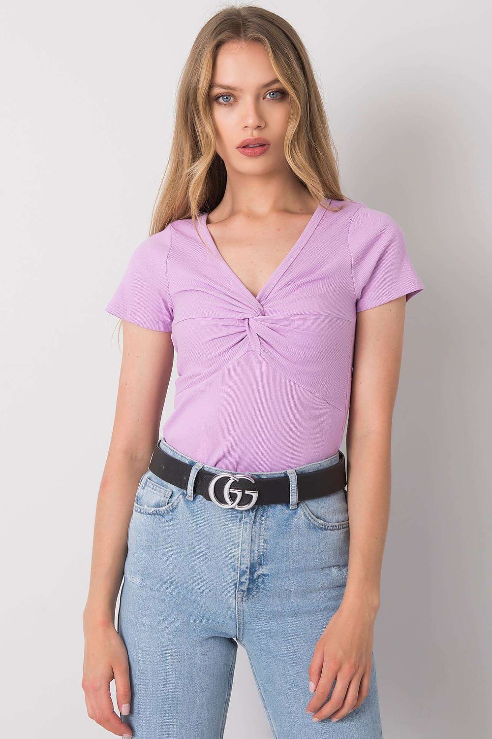 Knotenbluse Damen Violett – V-Ausschnitt Baumwolle Gerippt