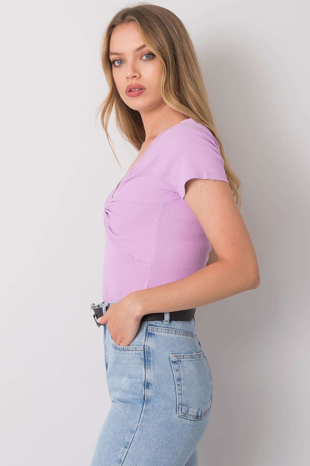 Knotenbluse Damen Violett – V-Ausschnitt Baumwolle Gerippt
