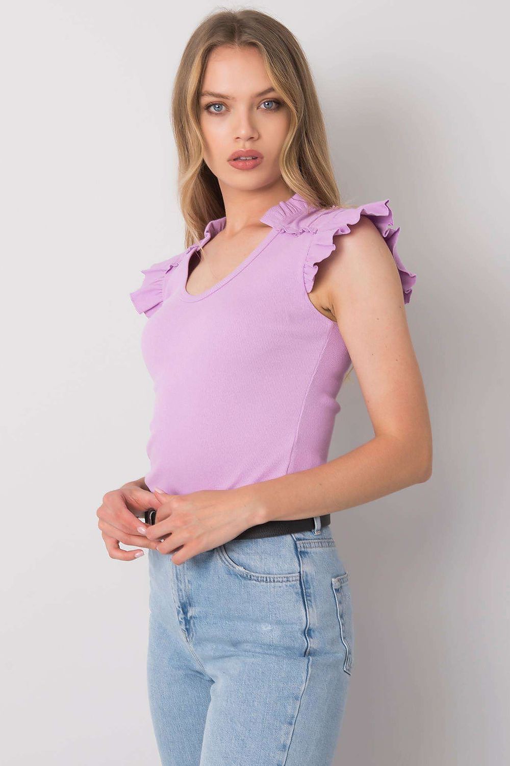 Schmetterlingsärmel Bluse Damen Violett – Baumwolle Gerippt